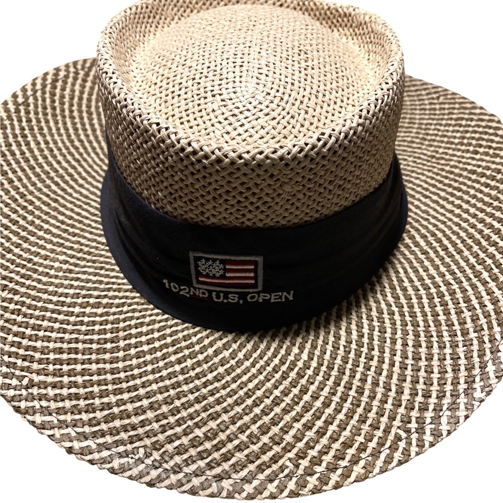 Ahead Straw Hat Mens S/M Tan US Open Bethpage Black Golf Sun Hat Wide Brim Logo